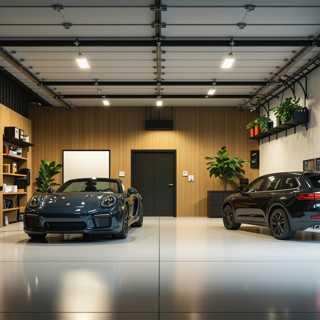 Modern Tampa garage interior showcasing smart climate control, LED lighting, and durable materials