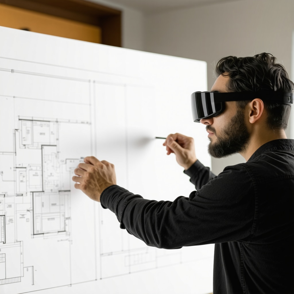 Contractor in Tampa Bay using augmented reality technology to plan home renovation with digital blueprints overlay