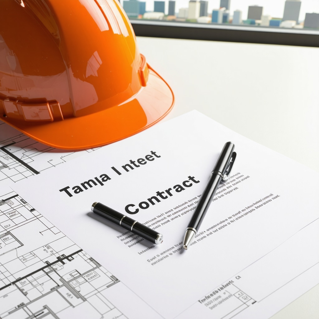 Close-up of a contractor contract document on a desk with construction tools and Tampa skyline in the background