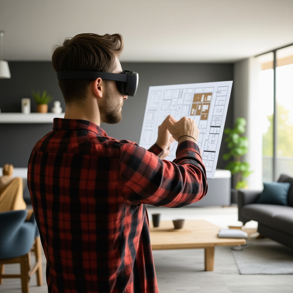 Handyman demonstrating home renovation plans with augmented reality in a Tampa home interior