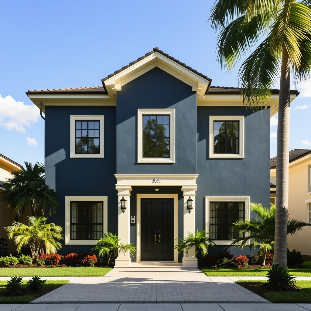 Tampa home with deep navy blue walls and creamy beige trim showcasing texture and finish under sunlight
