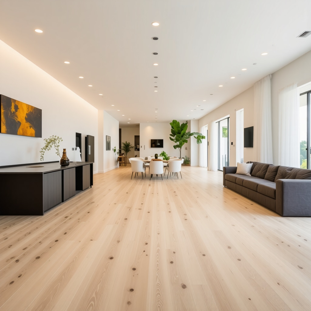 Modern home interior in Tampa featuring durable porcelain tile flooring with wood texture