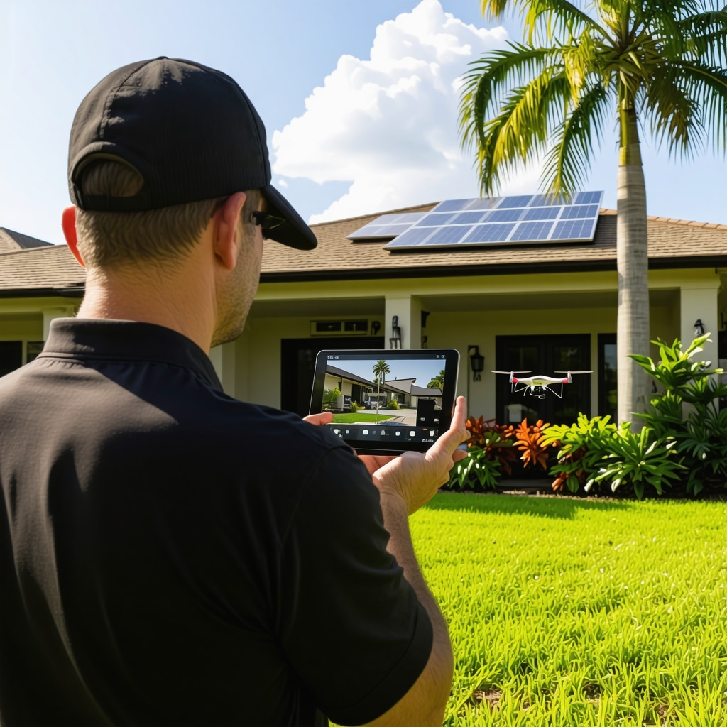 Contractor demonstrating AR design previews and drone monitoring on a Tampa home remodeling site with sustainable materials and solar panels