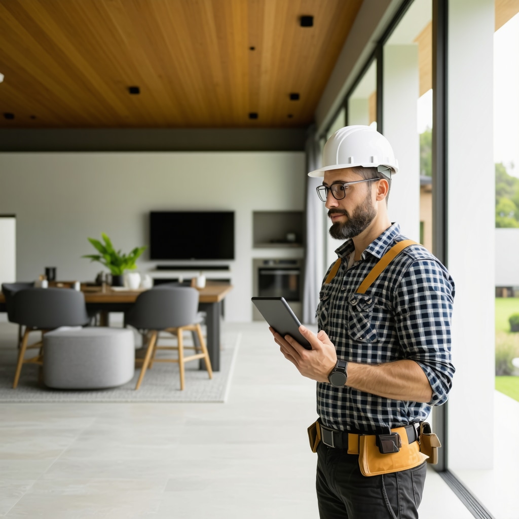 Contractor holding a tablet with project management software in front of a Tampa home undergoing eco-friendly remodeling and smart home integration
