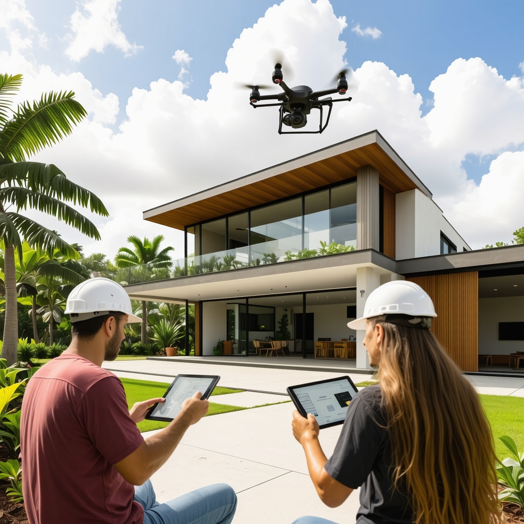 General contractors using BIM tablets and drone technology on a Tampa home renovation site