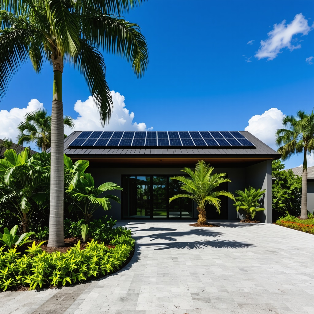 Modern Tampa house with solar panels, impact-resistant windows, and smart home features in a subtropical setting