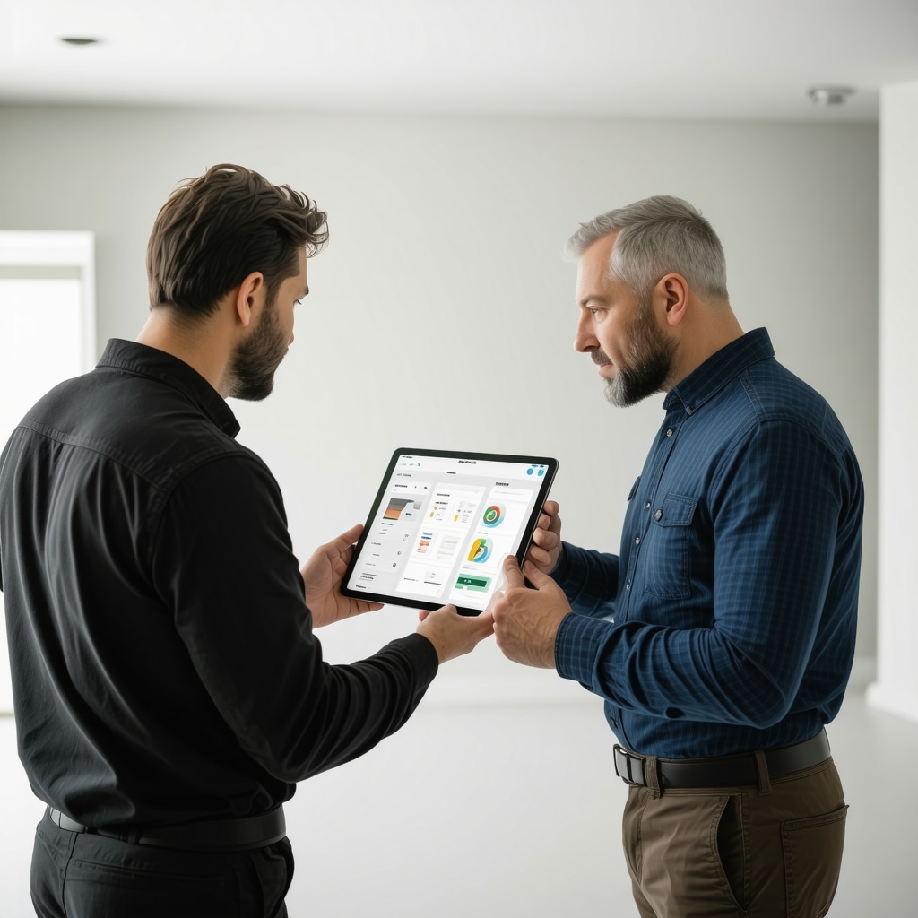 Homeowner and contractor reviewing renovation progress on a tablet with project management software in Tampa