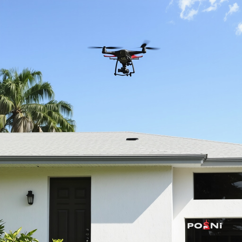 A Tampa home renovation scene featuring a contractor operating a drone for roof inspection alongside visible hurricane-resistant windows and eco-friendly building materials