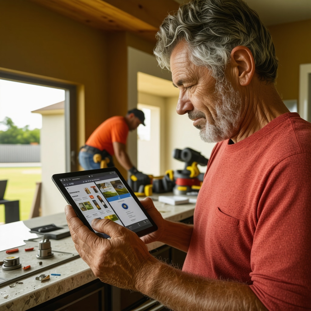 Tampa homeowner using tablet to track weekend kitchen remodel progress with contractor working in background