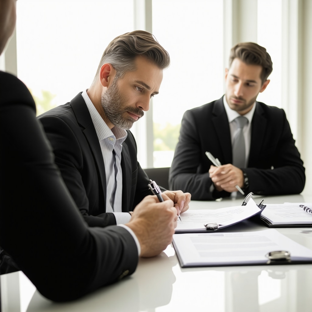 Homeowner and lawyer analyzing remodeling contract details in Tampa