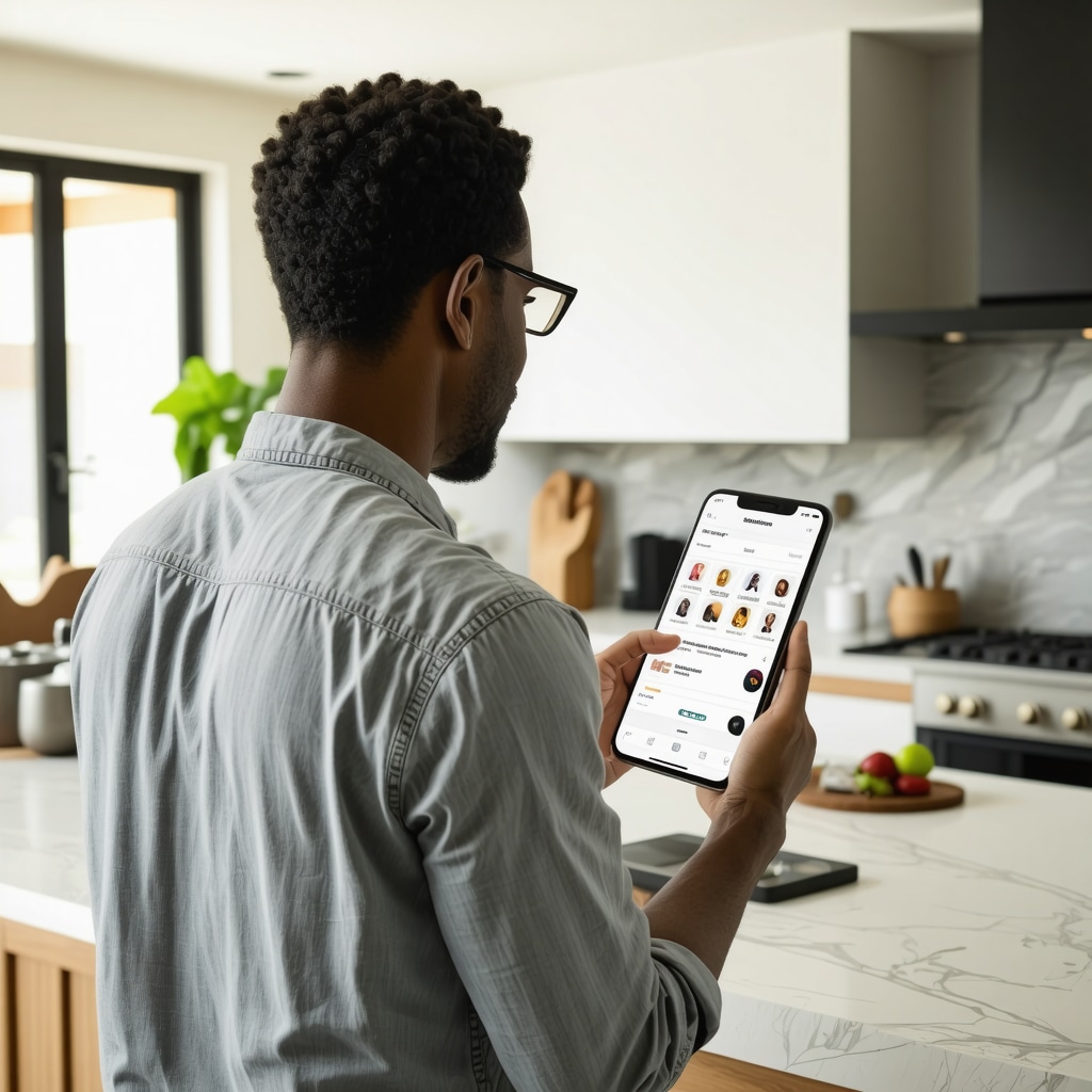 Homeowner using smartphone app with AI contractor recommendations and live chat during kitchen remodel in Tampa