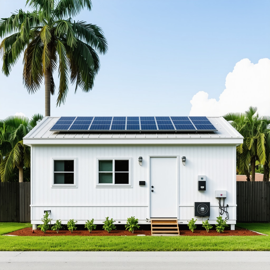 Modern Tampa mobile home equipped with solar panels, reflective roofing, and smart home technology devices