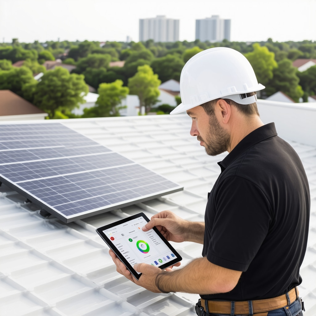 Flip-ready contractor reviewing project plans with solar panels and smart home technology in Tampa residential renovation