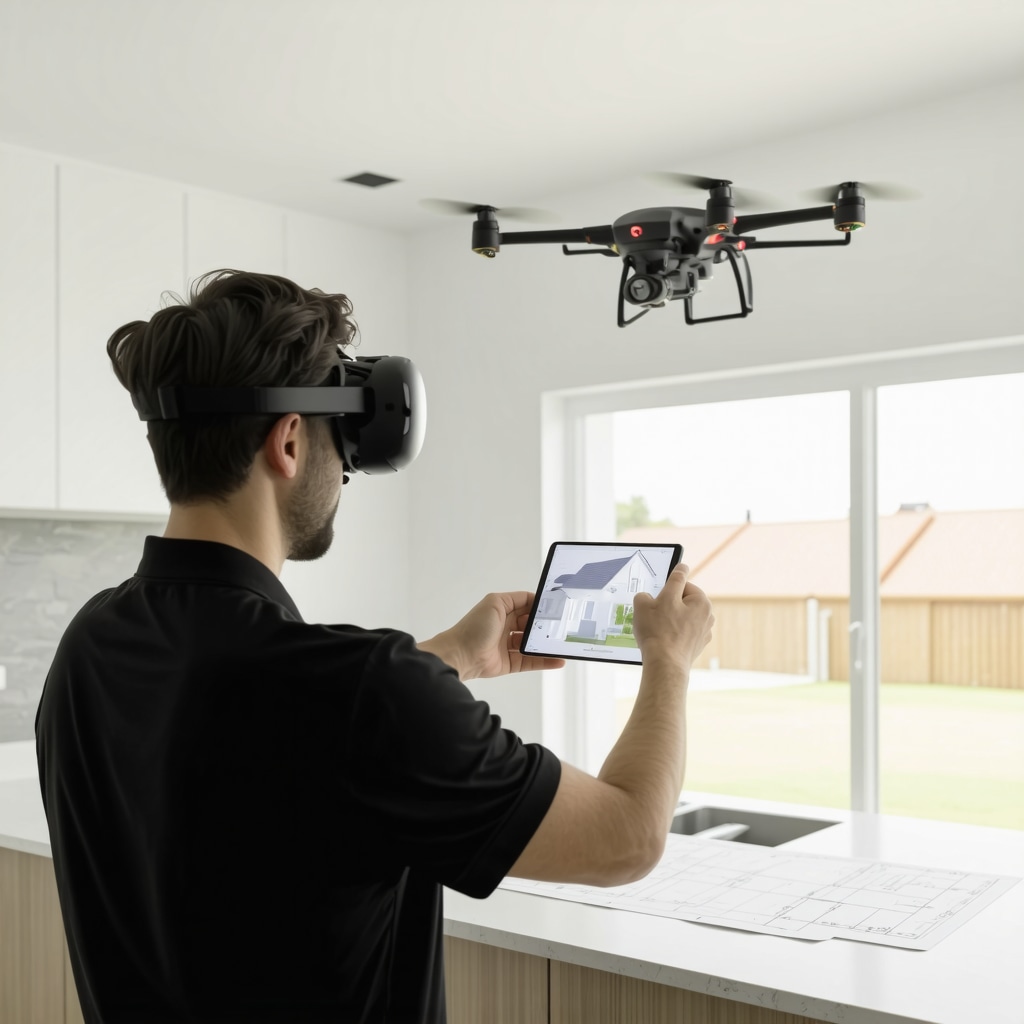 Contractor demonstrating a 3D kitchen model in Tampa remodeling project with drone inspection in background