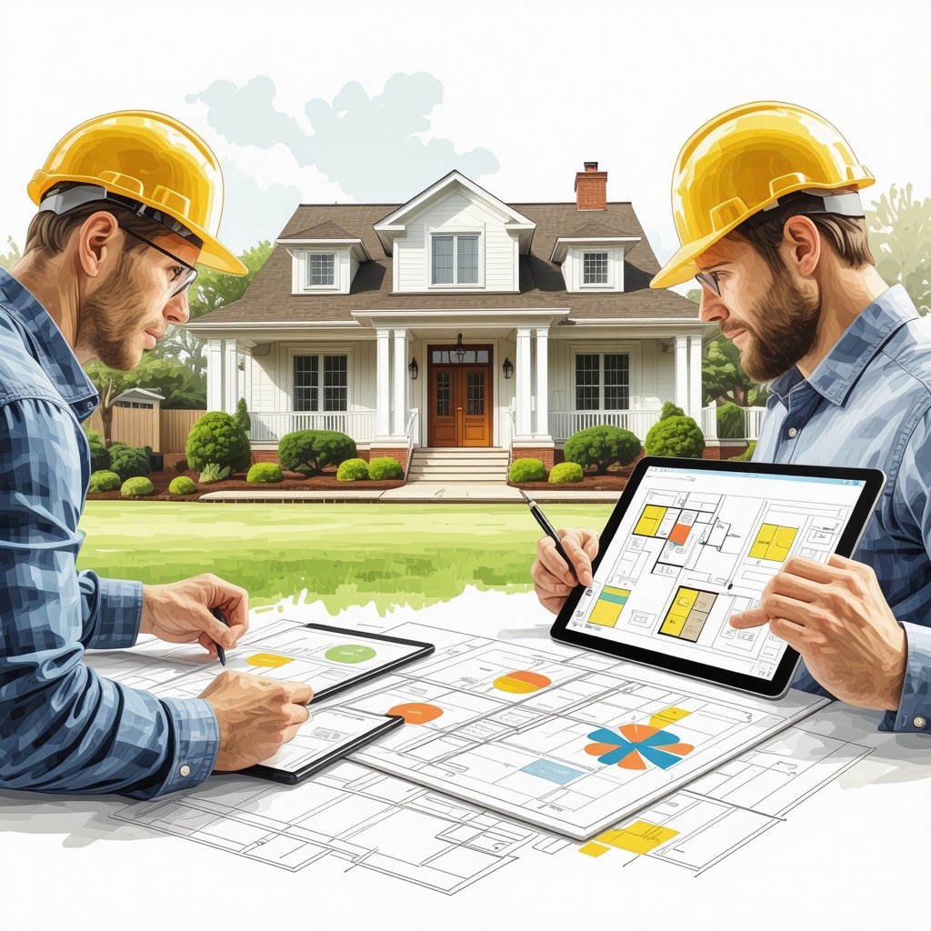 Contractors using tablets and BIM technology for Tampa home renovation with local regulations in background