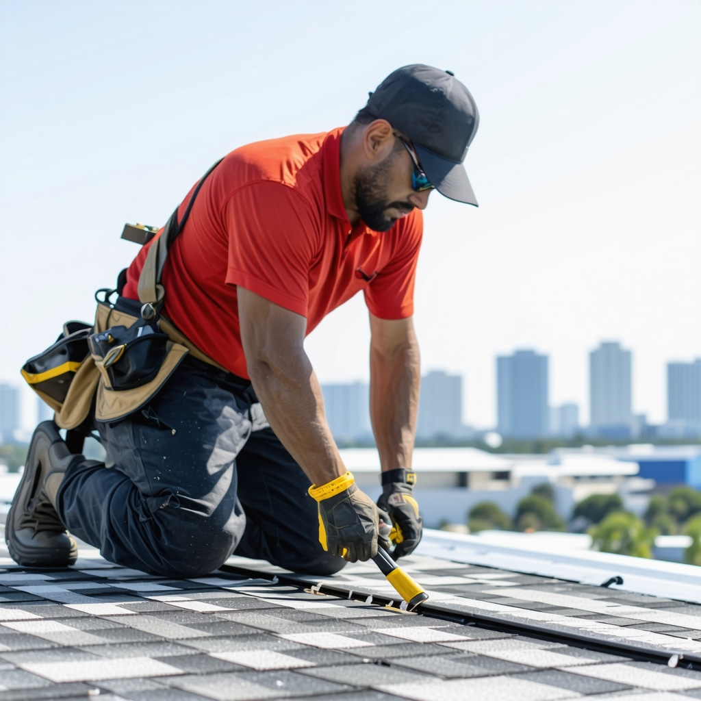 Licensed Tampa roofer examining roof with reflective and hurricane-resistant shingles under sunny sky