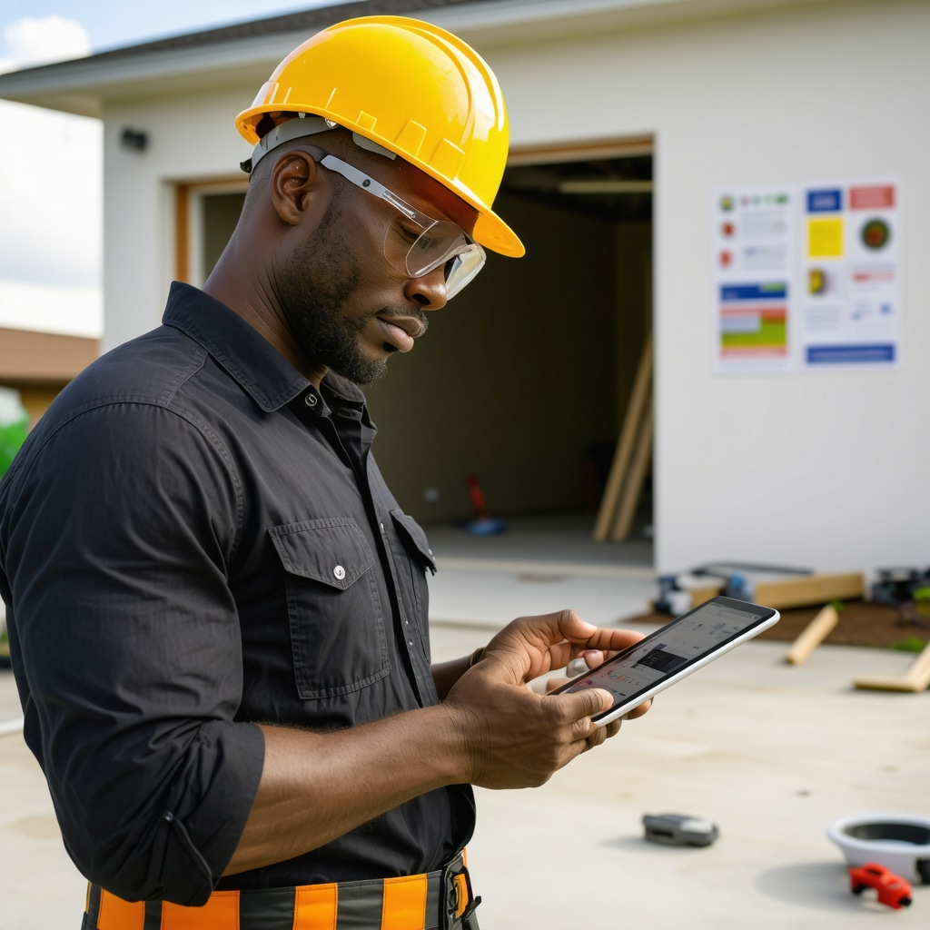 Licensed Tampa contractor managing small home repair project with digital tools and eco-friendly materials