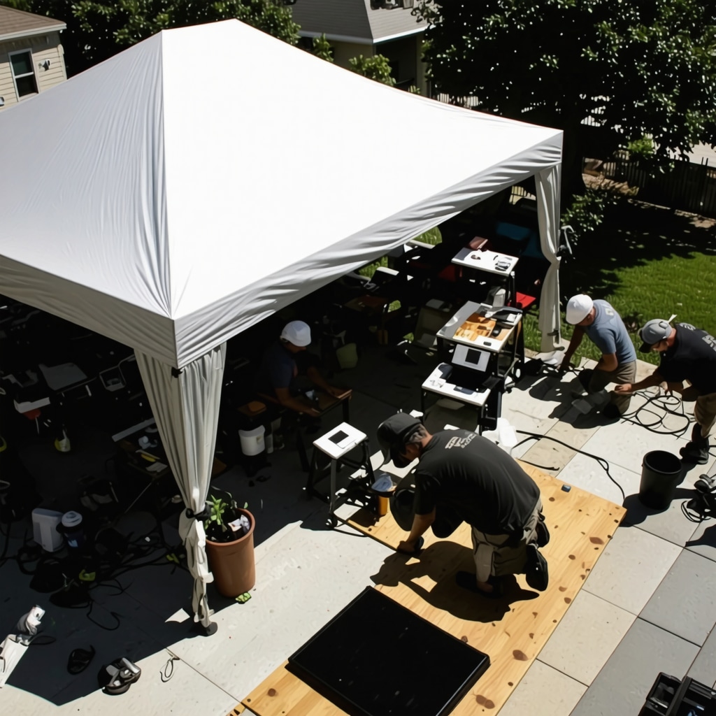 Weekend home renovation in Tampa with contractors using digital tools under protective tents during sunny morning