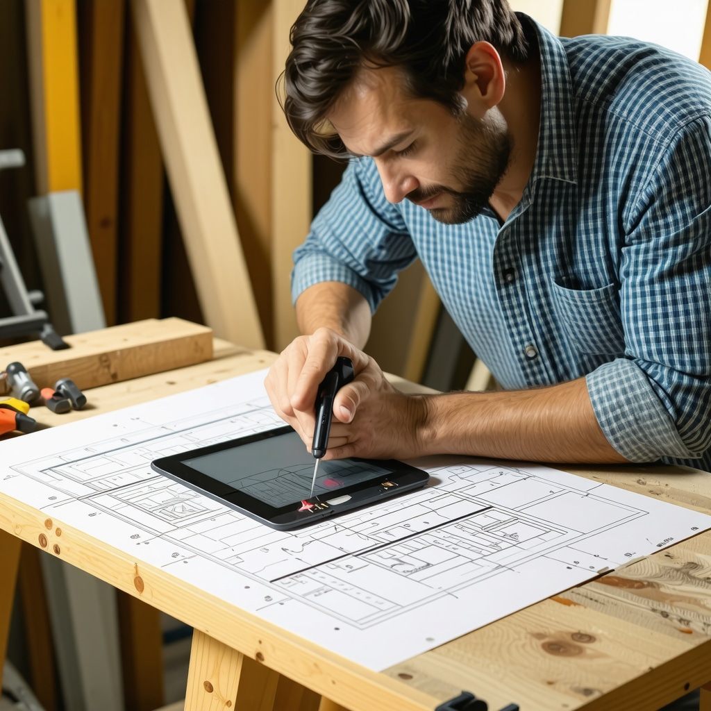 Carpenter in Tampa utilizing laser measurement technology alongside eco-friendly materials and digital project plans