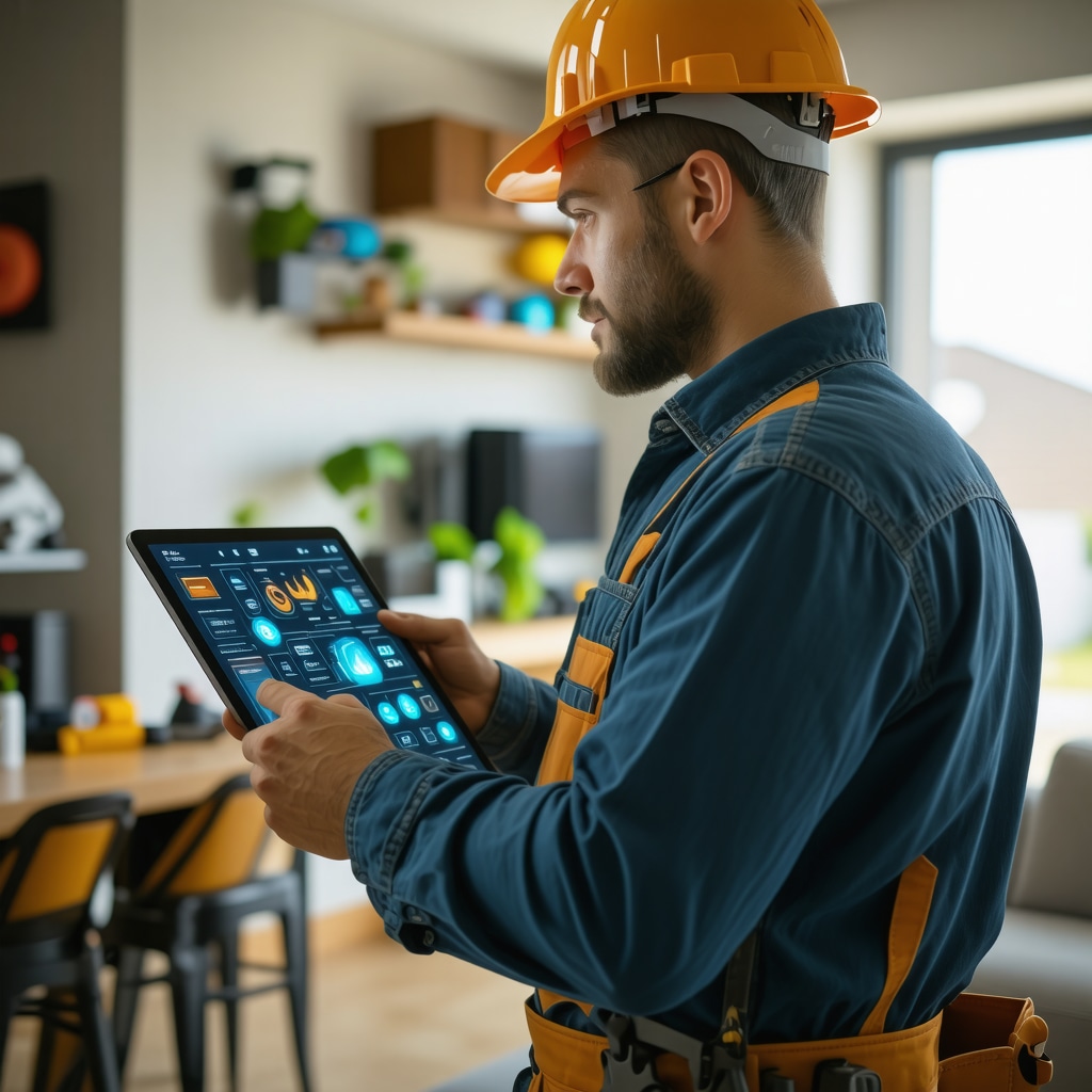 Handyman using tablet showing predictive maintenance data in Tampa home
