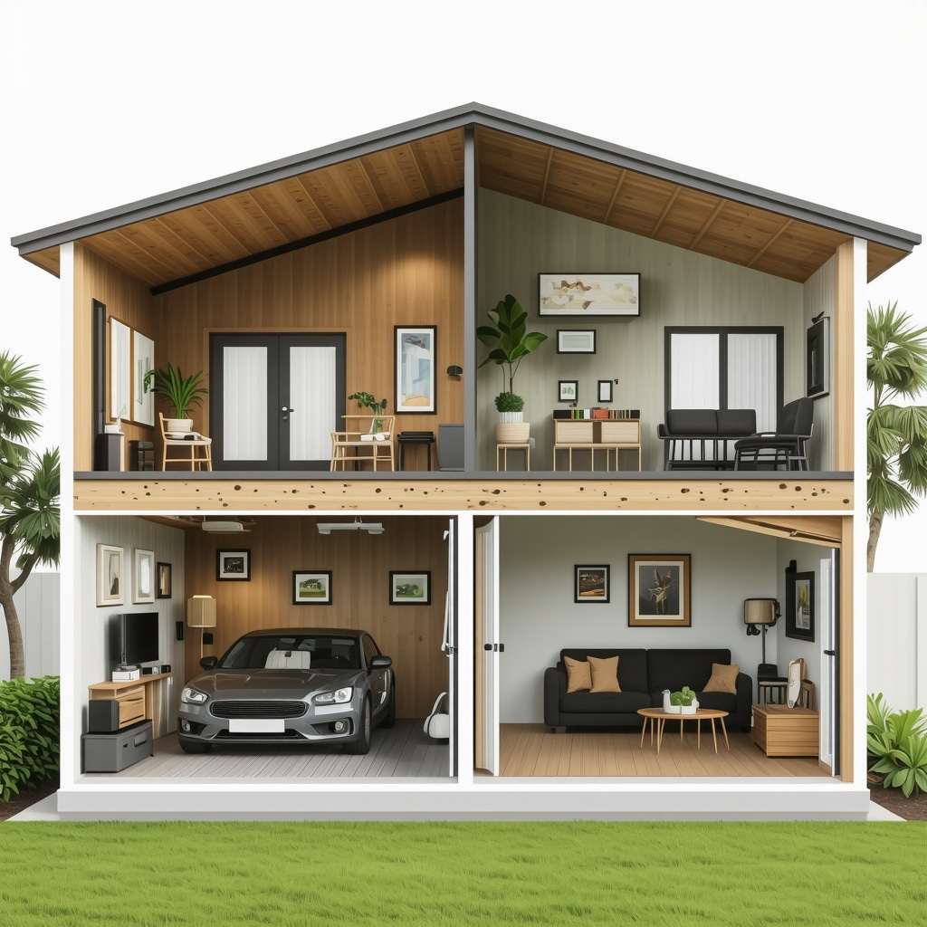 Cross-sectional diagram of Tampa garage conversion highlighting insulation, moisture barriers, and smart home technology