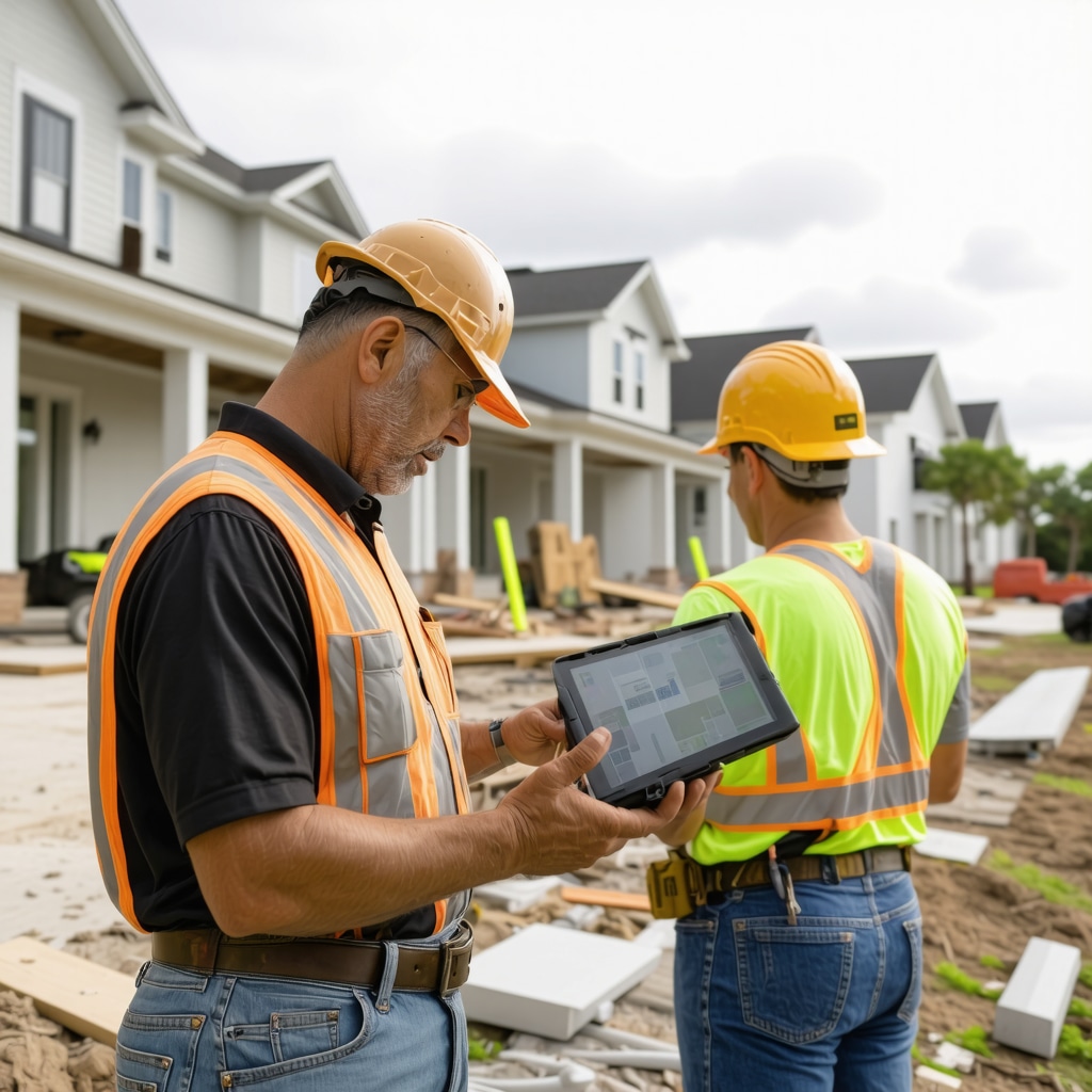 Construction workers using digital devices and environmental sensors on a Tampa renovation site with hurricane-resistant homes