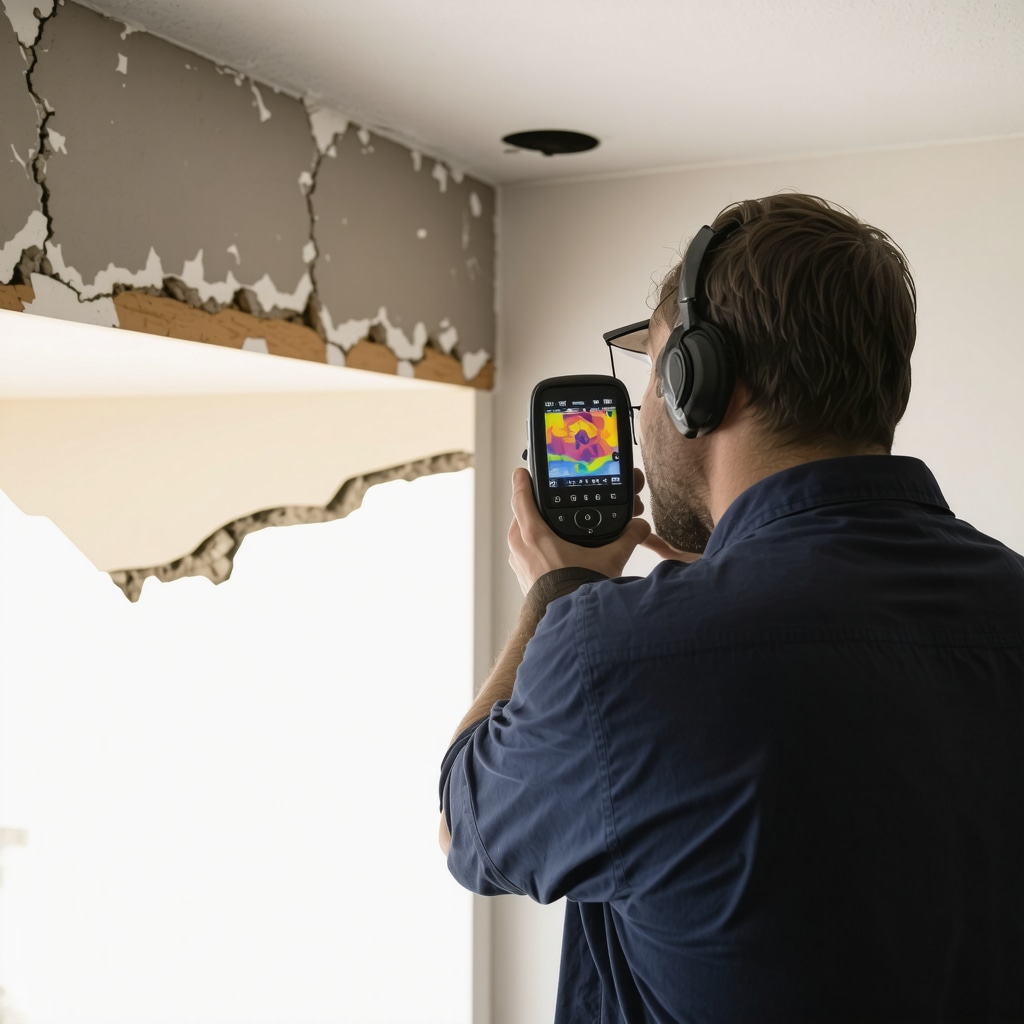 Contractor using thermal imaging camera to detect moisture behind drywall cracks in a humid Tampa home