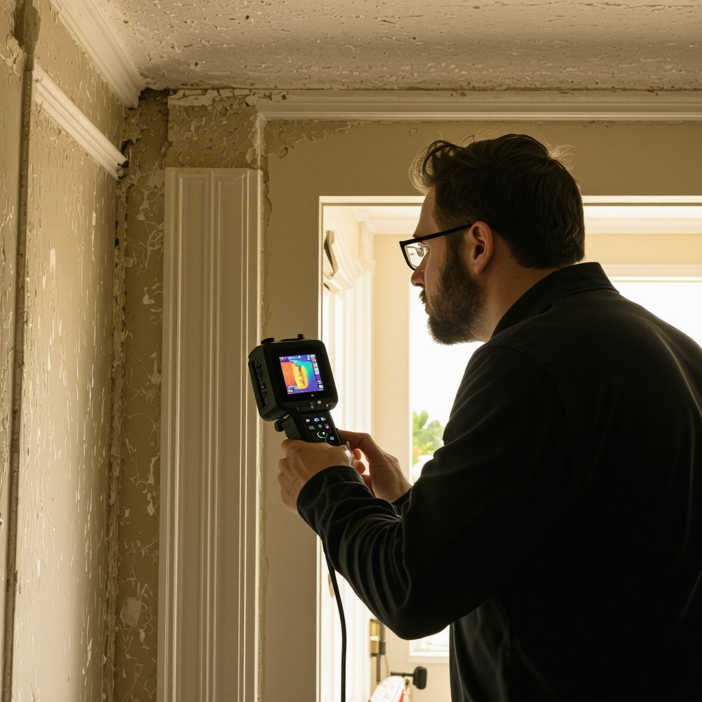 Contractor using thermal camera to detect moisture in historic Tampa house interior