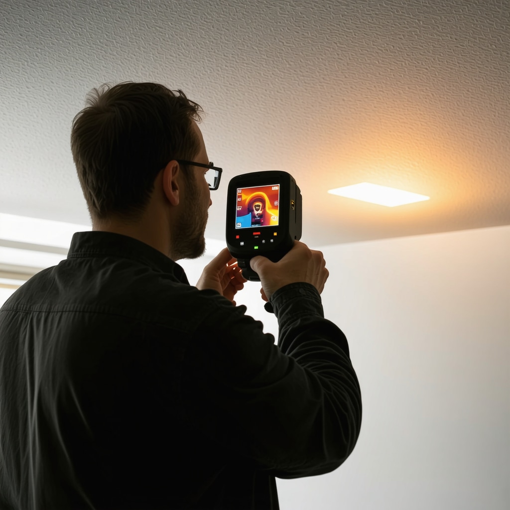 Technician inspecting drywall ceiling with thermal imaging camera detecting moisture in Tampa home
