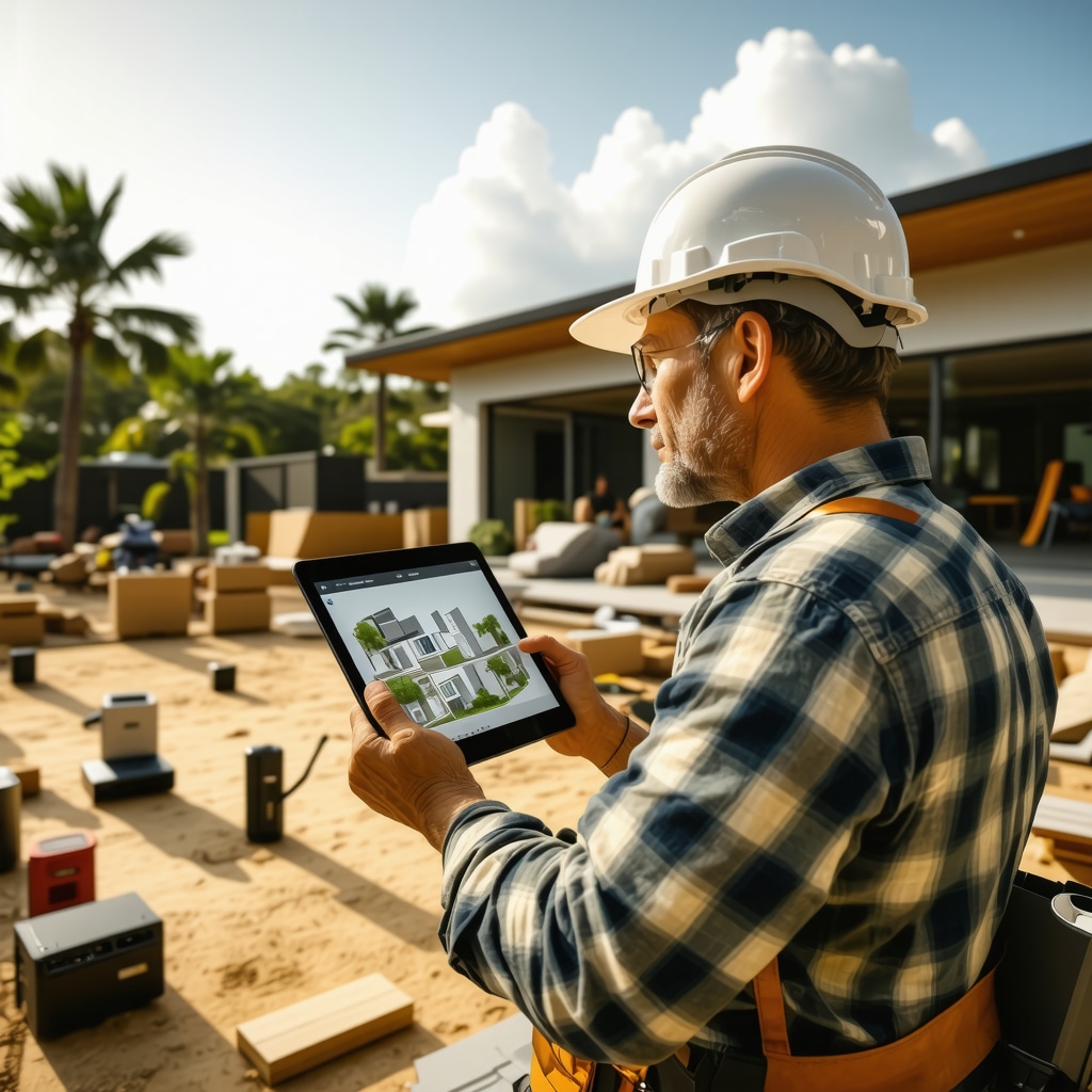 Contractor reviewing 3D building information model on tablet at a Westchase home renovation site with eco-friendly materials and smart home devices visible