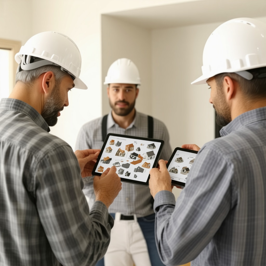 Contractors in a modern Tampa home using tablets and 3D models to plan smart home integration and structural renovations