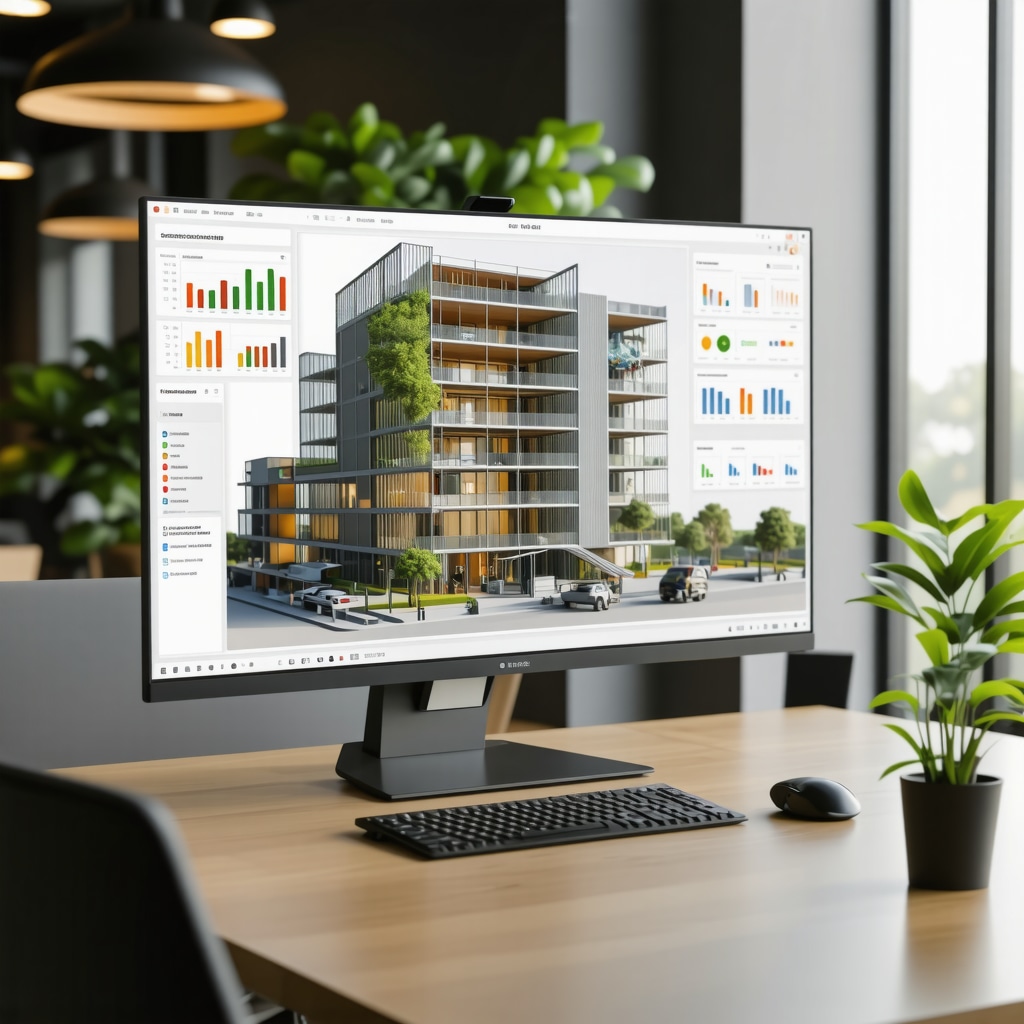 Computer screen displaying 3D digital construction model with data overlays in a modern office