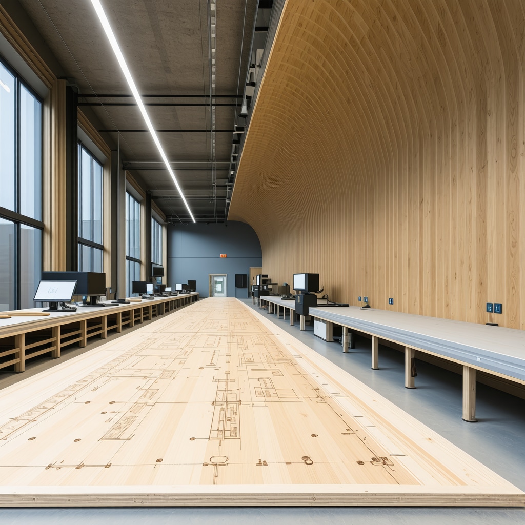 CNC machines cutting curved wood panels guided by parametric design software in a modern carpentry workshop