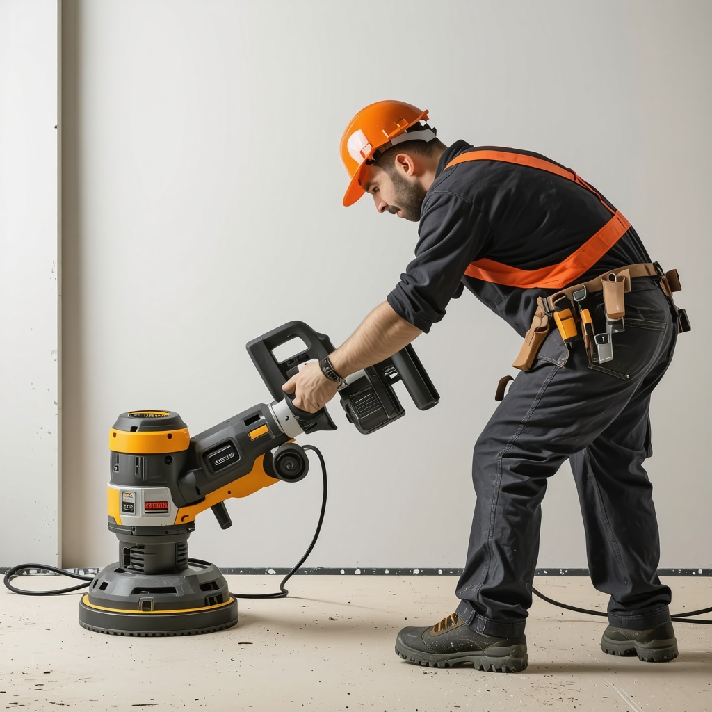 Professional drywall repair using laser level and pneumatic sander in Tampa