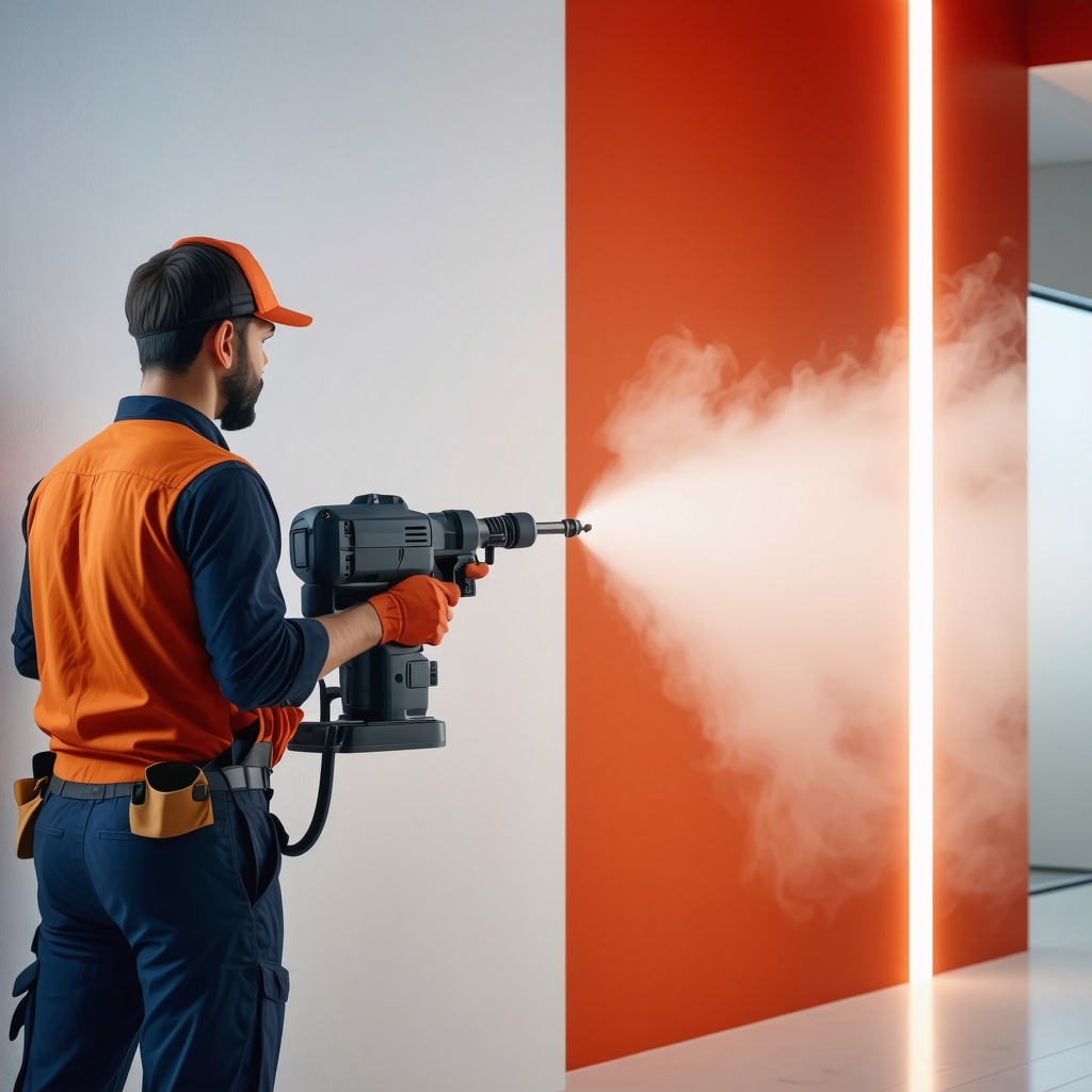 Professional uses electrostatic sprayer on interior wall for an even paint coat in a modern setting.