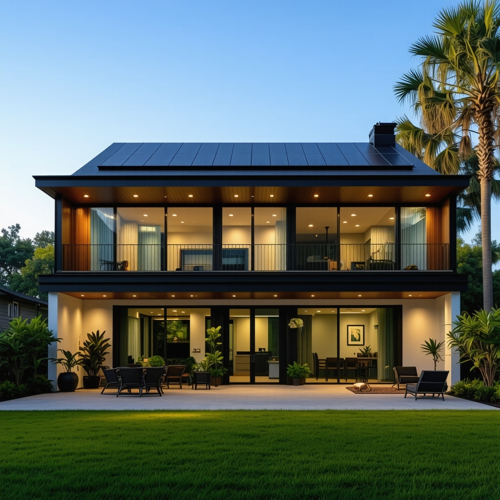 Photovoltaic and thermochromic windows on a Tampa residence highlighting innovative energy efficiency technology.