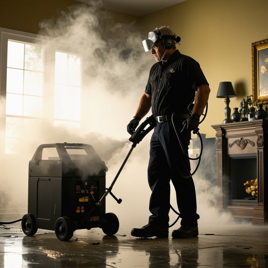 Fire damage restoration expert deploying hydroxyl generator and thermal fogging in Tampa home