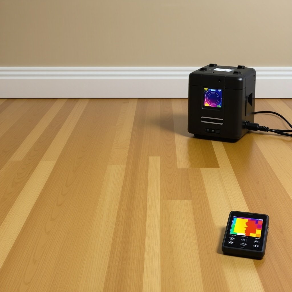 Close-up of engineered hardwood floor installation showing moisture barrier and thermography tools in Tampa home