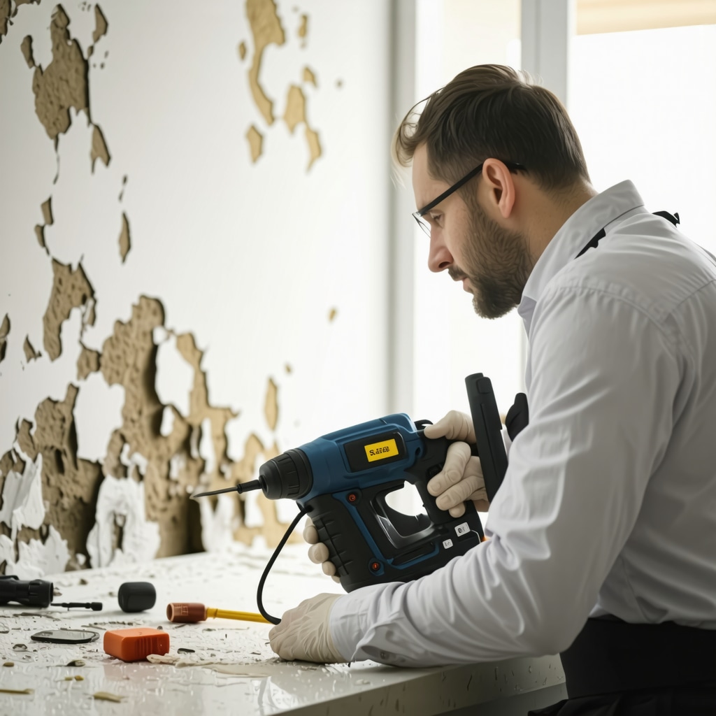 Contractor inspecting water damage and mold in Tampa home using moisture detection tools