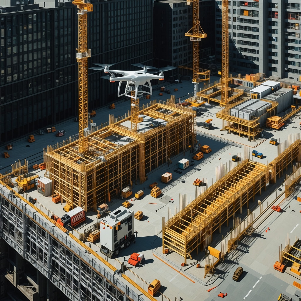 Construction site with drones and digital modeling tools for home renovation