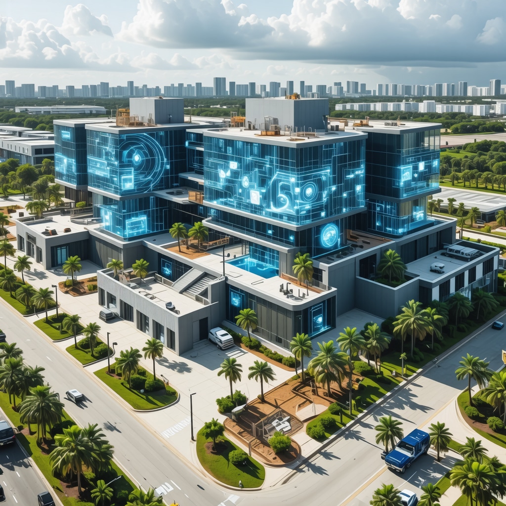 Futuristic Tampa construction site showcasing digital twin holograms and AI-driven project management tools