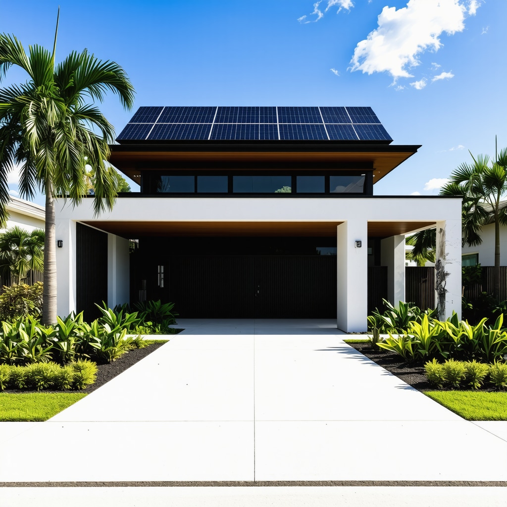 A contemporary Tampa house equipped with storm-resistant windows and solar panels, emphasizing durability and eco-efficiency.