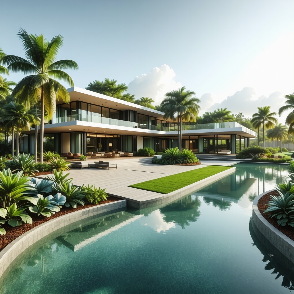 Architectural rendering illustrating rainwater harvesting and drainage systems in a luxury Tampa home