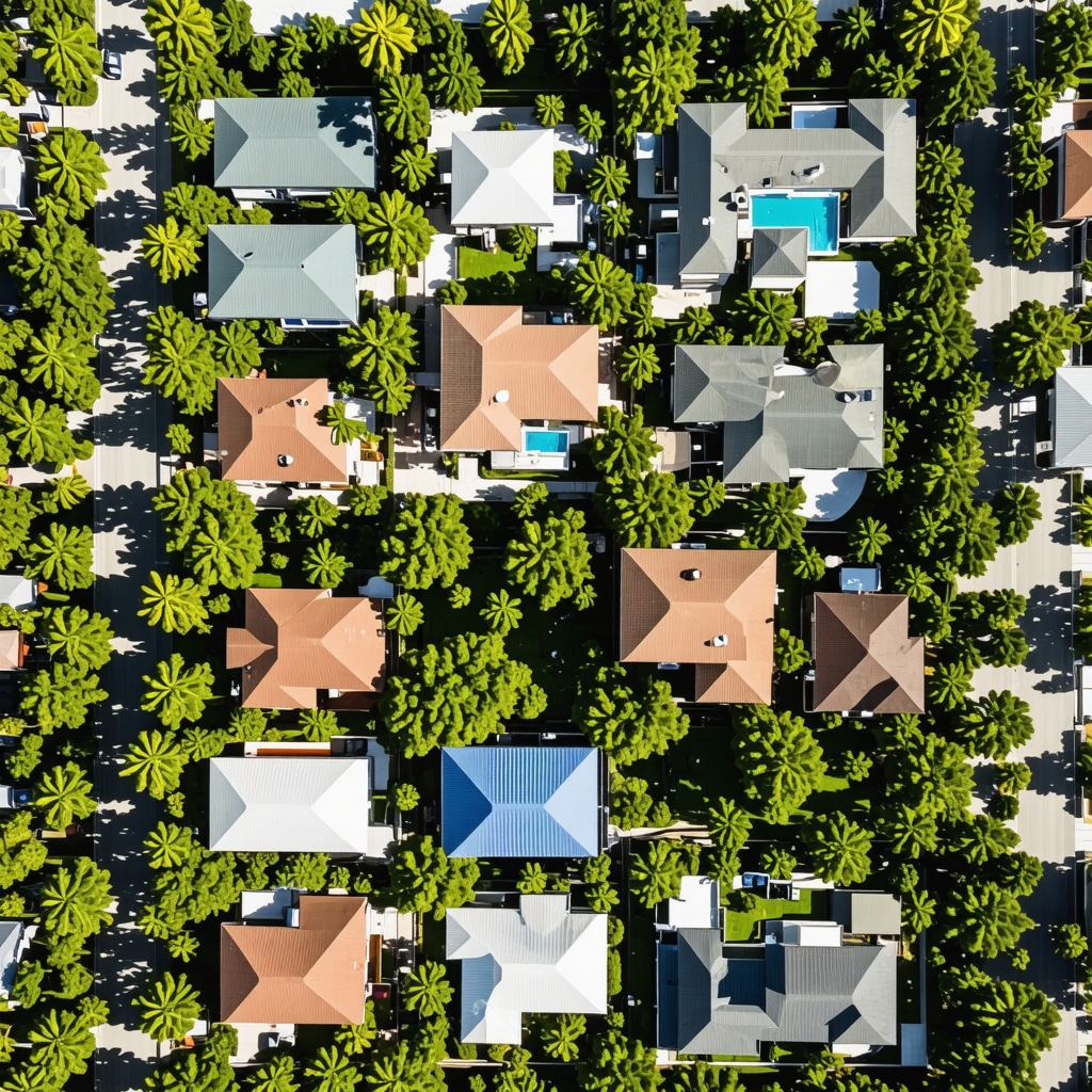 Aerial drone image of Tampa homes with digital overlays showing AI analytics, sustainable materials symbols, and regulatory icons