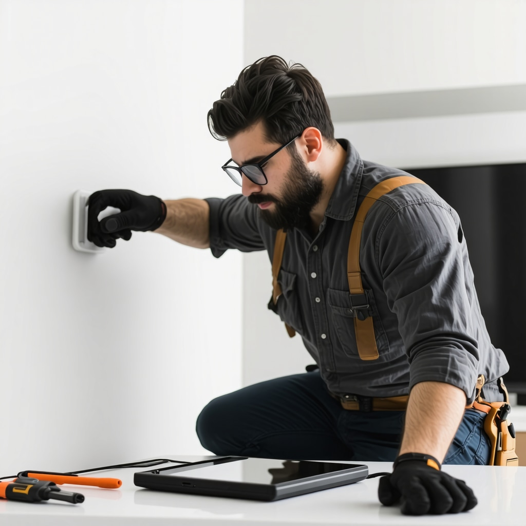 Handyman installing smart home humidity and leak sensors with specialized tools in a Tampa home