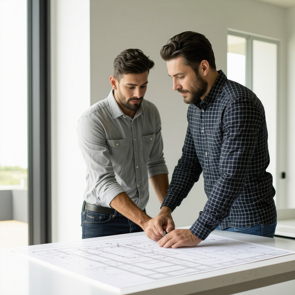Contractor and homeowner discussing bathroom plans in bright Crystal Beach bathroom.