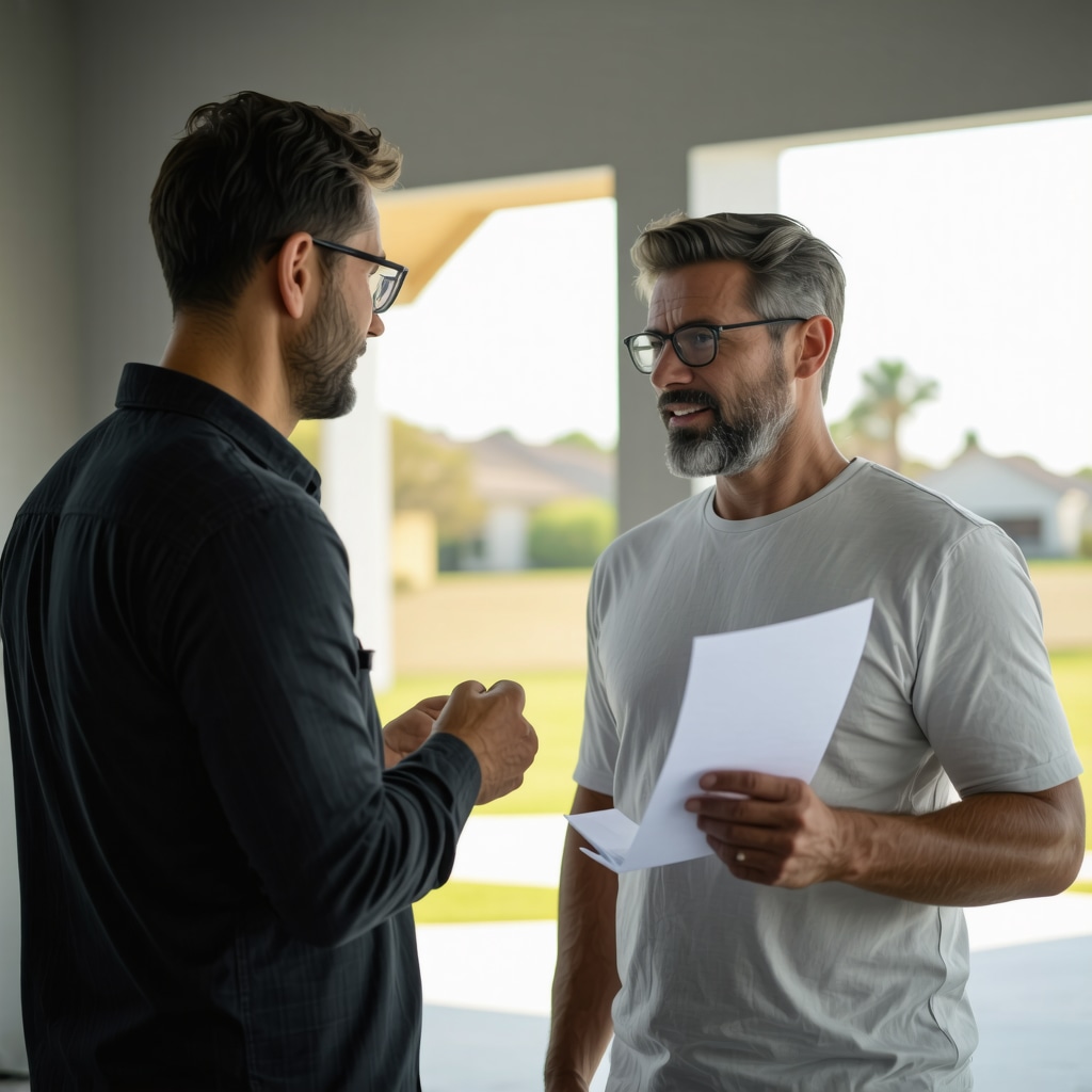Homeowner and contractor discussing renovation plans on site in Tampa