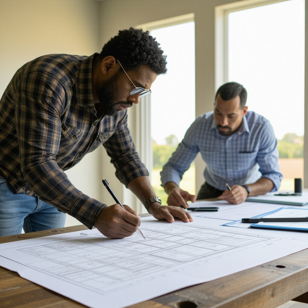 Contractor and homeowner discussing detailed renovation estimates with blueprints in Tampa