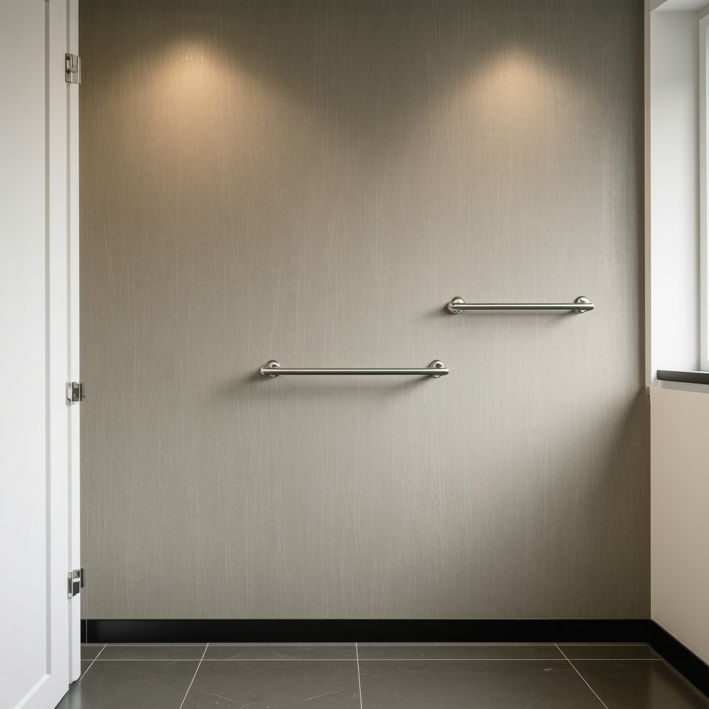 Stylish ADA bathroom with safety features and modern fixtures.