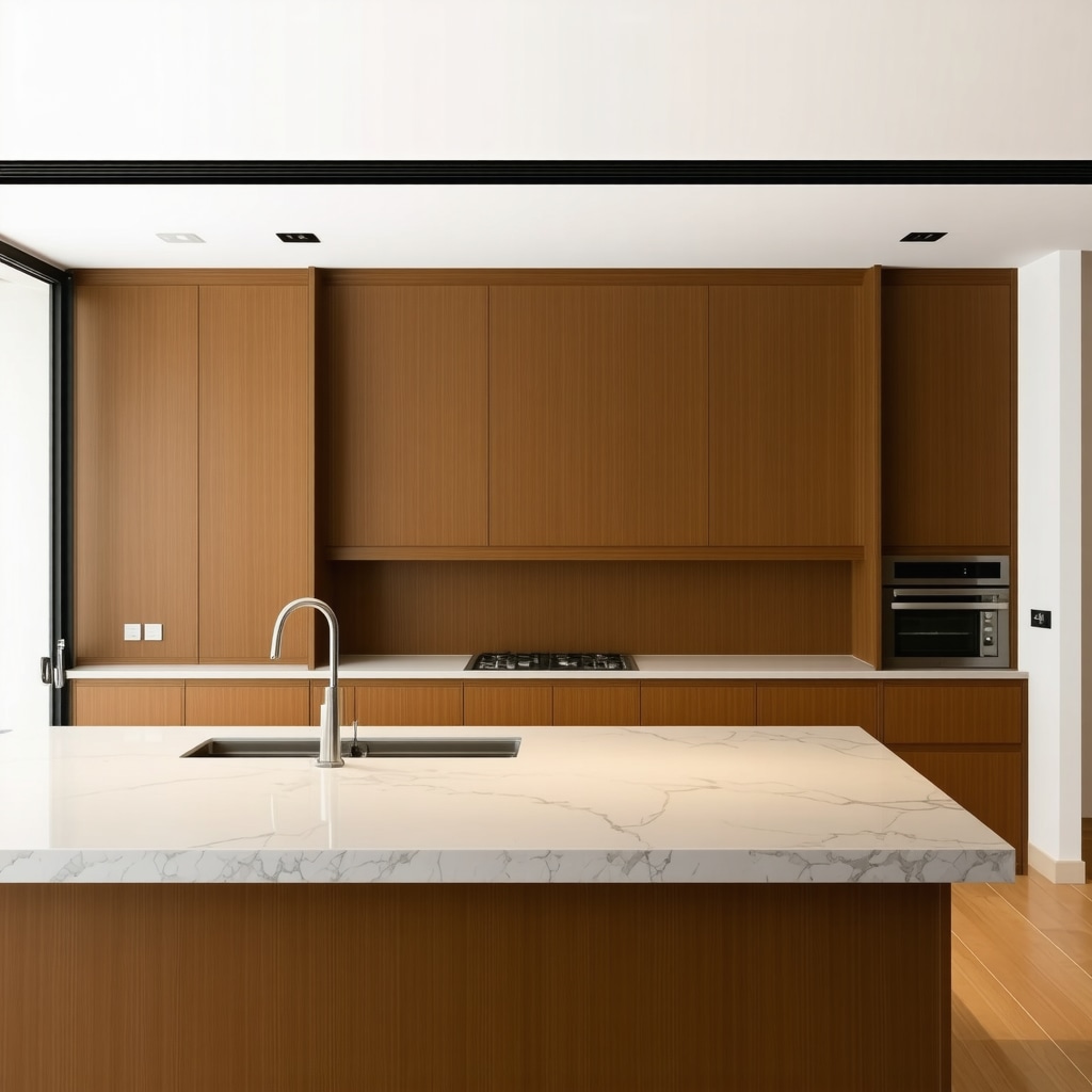 Interior of a Tampa kitchen featuring smart technology integrated into handcrafted wooden cabinets illuminated by natural sunlight